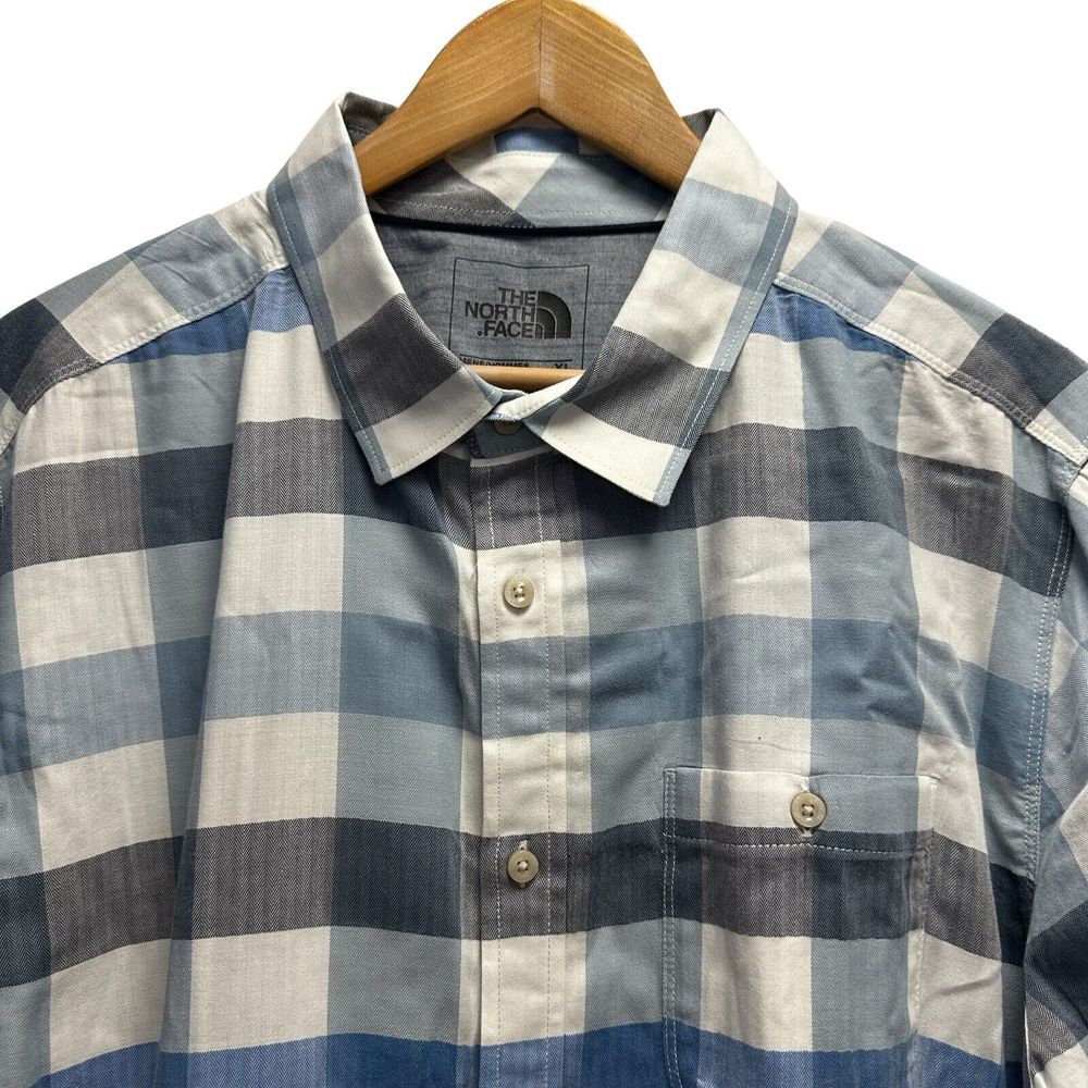 The North Face Mens L S/S Outdoor Hiking Shirt Blue Check Plaid Cotton/Polyester